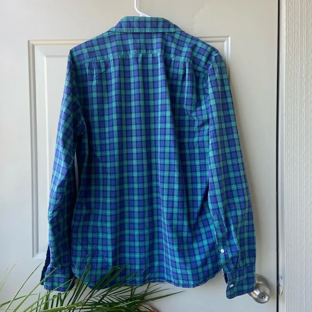 J.Crew Dress Shirt Slim Fit Green Blue Plaid Size‎ Medium Adult Mens